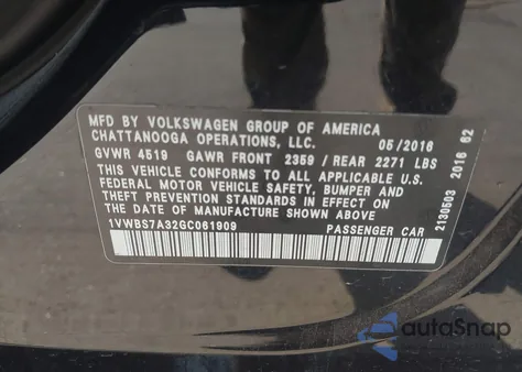 2016 Volkswagen Passat 1.8T Se from USA, damaged, VIN 1VWBS7A32GC061909